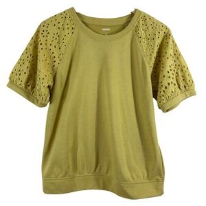 Sonoma Women's Top Yellow Cotton Blend Eyelet Short Sleeves‎ Round Neck Size S